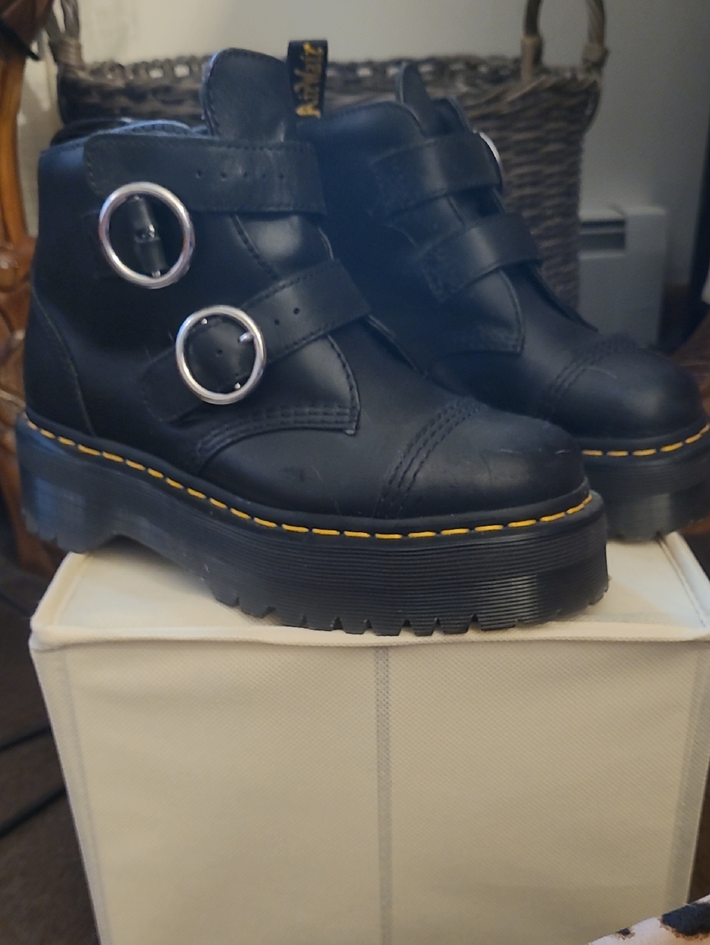 Dr. Martens Black Leather DEVON Platform Ankle Boots with Double Buckles